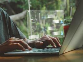 Using intelligent AI chat commands Human beings using intelligent AI technology by inputting commands helper in work Deciding on new concepts to create and share knowledge photo