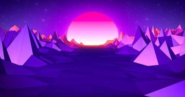 Abstract purple blue retro landscape in old 80s, 90s style with road rocks mountains and sun, abstract background photo