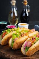 Hot dog with lettuce, tomatoes and pickled onions. Grilled bun with sausage photo