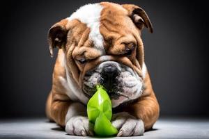 Playful English bulldog pup with green ball photo