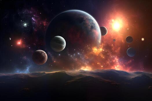 Infinity of space, cosmic nebula stars planets, collision of stars galaxy view photo