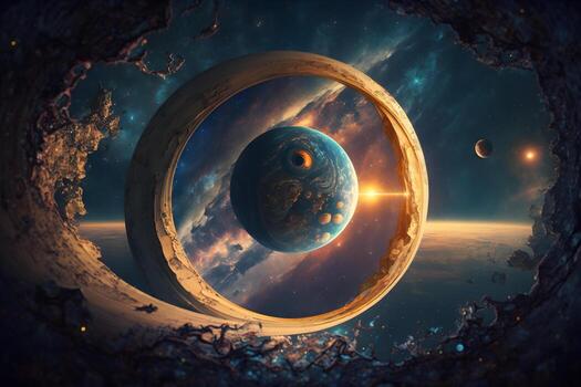 Infinity of space, cosmic nebula stars planets, collision of stars galaxy view photo