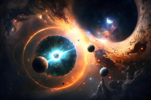 Infinity of space, cosmic nebula stars planets, collision of stars galaxy view photo