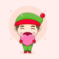 Cute elf holding love heart chibi cartoon character vector