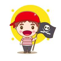Cute pirate cartoon character holding skull flag. People profession concept design. Flat adorable chibi vector illustration. Isolated white background