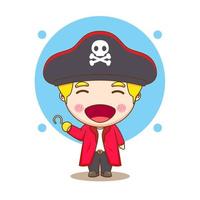 Cute pirate cartoon character holding skull flag. People profession concept design. Flat adorable chibi vector illustration. Isolated white background