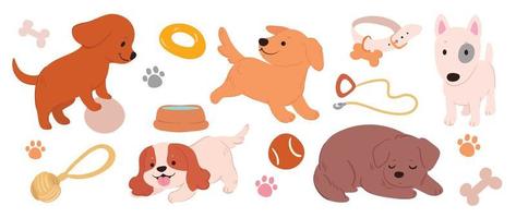 Set of cute dogs vector. Lovely dog and puppy doodle pattern in different, breeds, golden, collar, bone, bowl with flat color. Adorable pet characters hand drawn collection on white background. vector