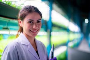 Hydroponics vegetable farm. Asian women analyze and study research on organic vegetable plots, hydro photo