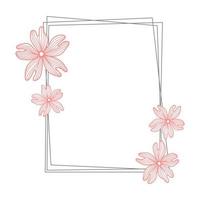 Frame with flowers square shape. Thin line art. Wildflower decorations for simple design and element for holiday template or wedding postcard. Vector illustration isolated on white.