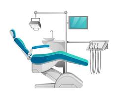 Dental chair. Armchair for patient, chair for doctor, lamp, special tools. Vector illustration of furniture and equipment for medical professional practice isolated on white.