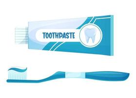 Tube of toothpaste and toothbrush, oral hygiene, medical and dentistry healthcare. Vector illustration in cartoon style isolated on white.