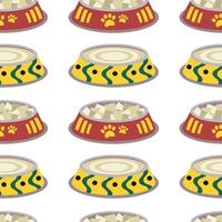 Pattern with bowl with food for animals, cats, dogs with a paw, fish. vector