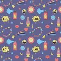 Seamless pattern with y2k style elements. Acidic vivid neon colors. Bright youth pattern with 90 s symbols. Lava lamp, bracelet, smiling face, lips. Vector illustration on purple background.