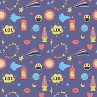 Seamless pattern with y2k style elements. Acidic vivid neon colors. Bright youth pattern with 90 s symbols. Lava lamp, bracelet, smiling face, lips. Vector illustration on purple background.