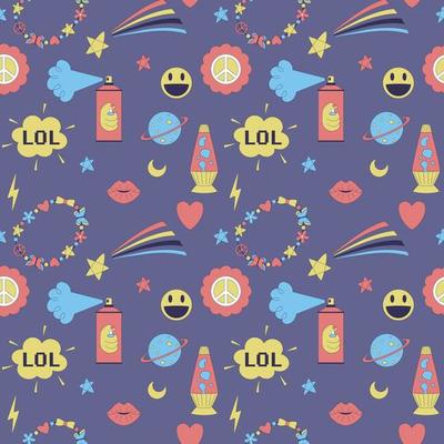 Seamless pattern with y2k style elements. Acidic vivid neon colors. Bright youth pattern with 90 s symbols. Lava lamp, bracelet, smiling face, lips. Vector illustration on purple background.