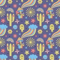 Seamless pattern with y2k style elements. Acidic vivid neon colors.Bright youth pattern with symbols of the 70s. Mushrooms, cactus, melting face, rainbow, flowers. Vector illustration on purple