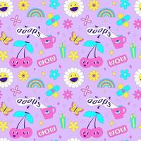 Seamless pattern with y2k style elements. Acidic vivid neon colors. Bright youth pattern with 90s symbols. Cherry, smiling daisy, rainbow, butterfly flowers. Vector illustration on lilac background