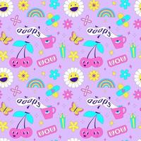 Seamless pattern with y2k style elements. Acidic vivid neon colors. Bright youth pattern with 90s symbols. Cherry, smiling daisy, rainbow, butterfly flowers. Vector illustration on lilac background