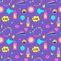 Seamless pattern with y2k style elements. Acidic vivid neon colors. Bright youth pattern with 90 s symbols. Lava lamp, bracelet, smiling face, lips. Vector illustration on purple background.