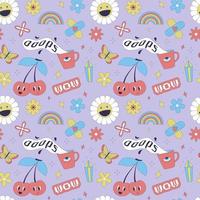 Seamless pattern with y2k style elements. Acidic vivid neon colors. Bright youth pattern with 90s symbols. Cherry, smiling daisy, rainbow, butterfly flowers. Vector illustration on lilac background
