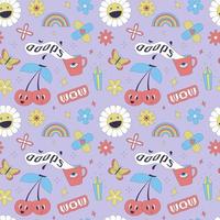 Seamless pattern with y2k style elements. Acidic vivid neon colors. Bright youth pattern with 90s symbols. Cherry, smiling daisy, rainbow, butterfly flowers. Vector illustration on lilac background