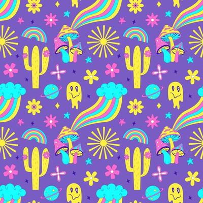 Seamless pattern with y2k style elements. Acidic vivid neon colors.Bright youth pattern with symbols of the 70s. Mushrooms, cactus, melting face, rainbow, flowers. Vector illustration on purple
