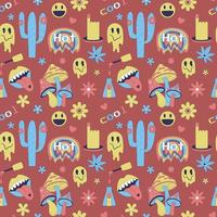 Seamless pattern with y2k style elements. Acidic vivid neon colors. Bright youth pattern with 70 s symbols. Cactus, psychoholic mushrooms, hemp leaf. Vector illustration on red background.