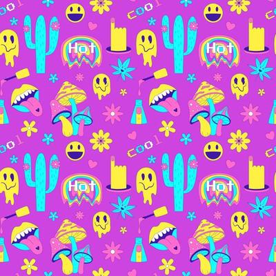 Seamless pattern with y2k style elements. Acidic vivid neon colors. Bright youth pattern with 70 s symbols. Cactus, psychoholic mushrooms, hemp leaf. Vector illustration on pink background.