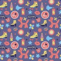 Seamless pattern with y2k elements. Acidic vivid neon colors. Bright youth pattern with 90 s characters. Roller skates, lava lamp, high platform shoes, inflatable dog. Vector illustration on lilac