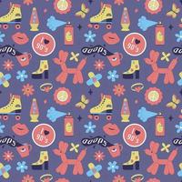 Seamless pattern with y2k elements. Acidic vivid neon colors. Bright youth pattern with 90 s characters. Roller skates, lava lamp, high platform shoes, inflatable dog. Vector illustration on lilac