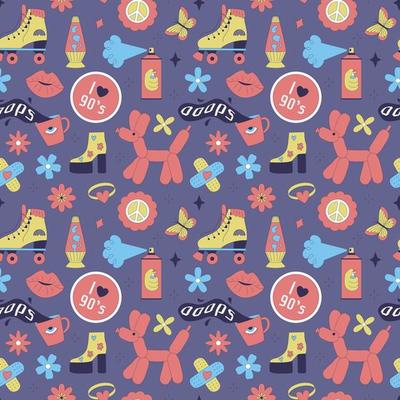 Seamless pattern with y2k elements. Acidic vivid neon colors. Bright youth pattern with 90 s characters. Roller skates, lava lamp, high platform shoes, inflatable dog. Vector illustration on lilac