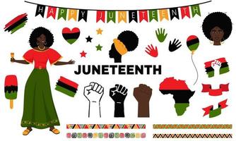 Set Of Elements For Juneteenth National Independence Day. African American History, Freedom Day Signs, Symbols. A Woman, A Clenched Fist, A Silhouette Of Africa. Vector Illustration Isolated On White