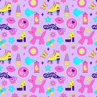 Seamless pattern with y2k elements. Acidic vivid neon colors. Bright youth pattern with 90 s characters. Roller skates, lava lamp, high platform shoes, inflatable dog. Vector illustration on lilac bg