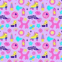 Seamless pattern with y2k elements. Acidic vivid neon colors. Bright youth pattern with 90 s characters. Roller skates, lava lamp, high platform shoes, inflatable dog. Vector illustration on lilac bg