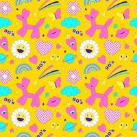 Seamless pattern with y2k style elements. Acidic vivid neon colors. Bright youth pattern with 90 s characters. Inflatable dog balloon, daisy, rainbow, kiss. Vector illustration on yellow background
