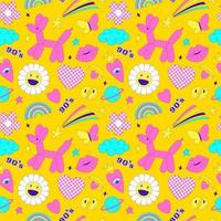 Seamless pattern with y2k style elements. Acidic vivid neon colors. Bright youth pattern with 90 s characters. Inflatable dog balloon, daisy, rainbow, kiss. Vector illustration on yellow background