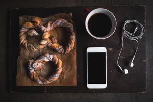 Coffee and sweet pretzels photo