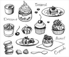 Set of desserts, cupcakes, cakes, berries, spoons, cream, waffles.Vector vector