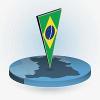 Brazil map in round isometric style with triangular 3D flag of Brazil vector