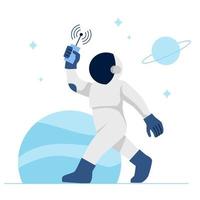 Astronaut or cosmonaut walking at planet exploration with phone communication for bad gateway error empty state illustration vector