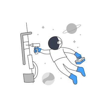 Astronaut or Cosmonaut repair satellite or spaceship with floating at space for under construction error page empty state illustration vector