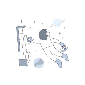 Astronaut or Cosmonaut repair satellite or spaceship with floating at space for under construction error page empty state illustration vector