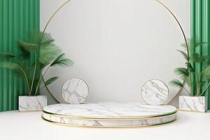 Luxury modern stage. 3d podium for product display. Minimal green stage with tropical leaf. photo