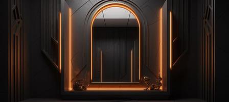 3d podio producto Bosquejo con resumen ambiente en negro y oro lona - un profesional 3d prestados visualización foto