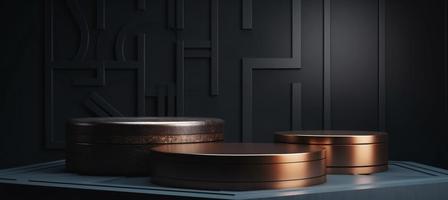 3d podio producto Bosquejo con resumen ambiente en negro y oro lona - un profesional 3d prestados visualización foto