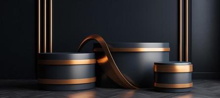 3D Podium Product Mockup with Abstract Ambiance on Black and Gold Canvas - A Professional 3D Rendered Visualization photo