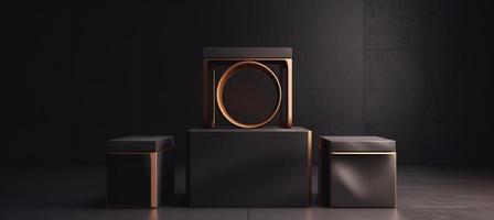 3D Podium Product Mockup with Abstract Ambiance on Black and Gold Canvas - A Professional 3D Rendered Visualization photo