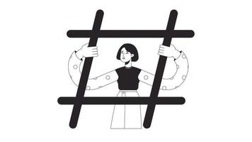 Getting hashtaged bw animation. Animated girl stuck in hashtag 2D flat monochromatic thin line character. Social media 4K video concept footage with alpha channel transparency for web design