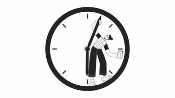 Waste time on internet bw animation. Animated girl with phone stuck in clock 2D flat monochromatic thin line character. 4K video concept footage with alpha channel transparency for web design