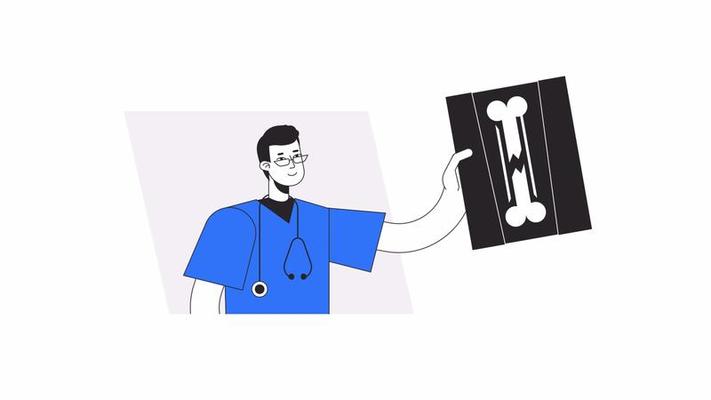 Physician detecting trauma animation. Animated doctor with broken bone x ray 2D cartoon flat colour line character. 4K video concept footage on white with alpha channel transparency for web design